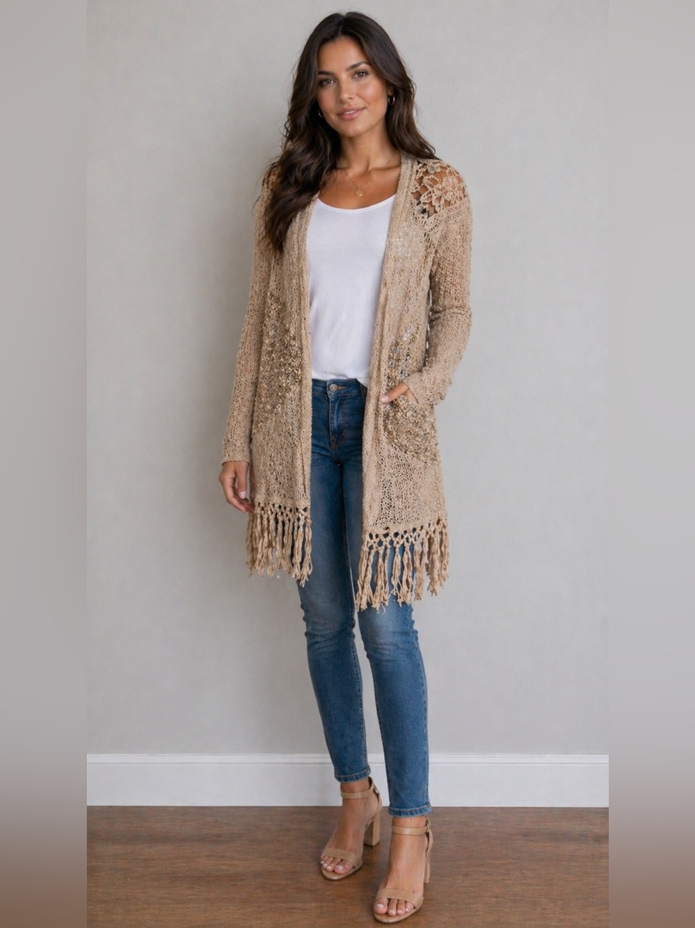 MISS ME Boho Fringe Knit lace Cardigan sz M